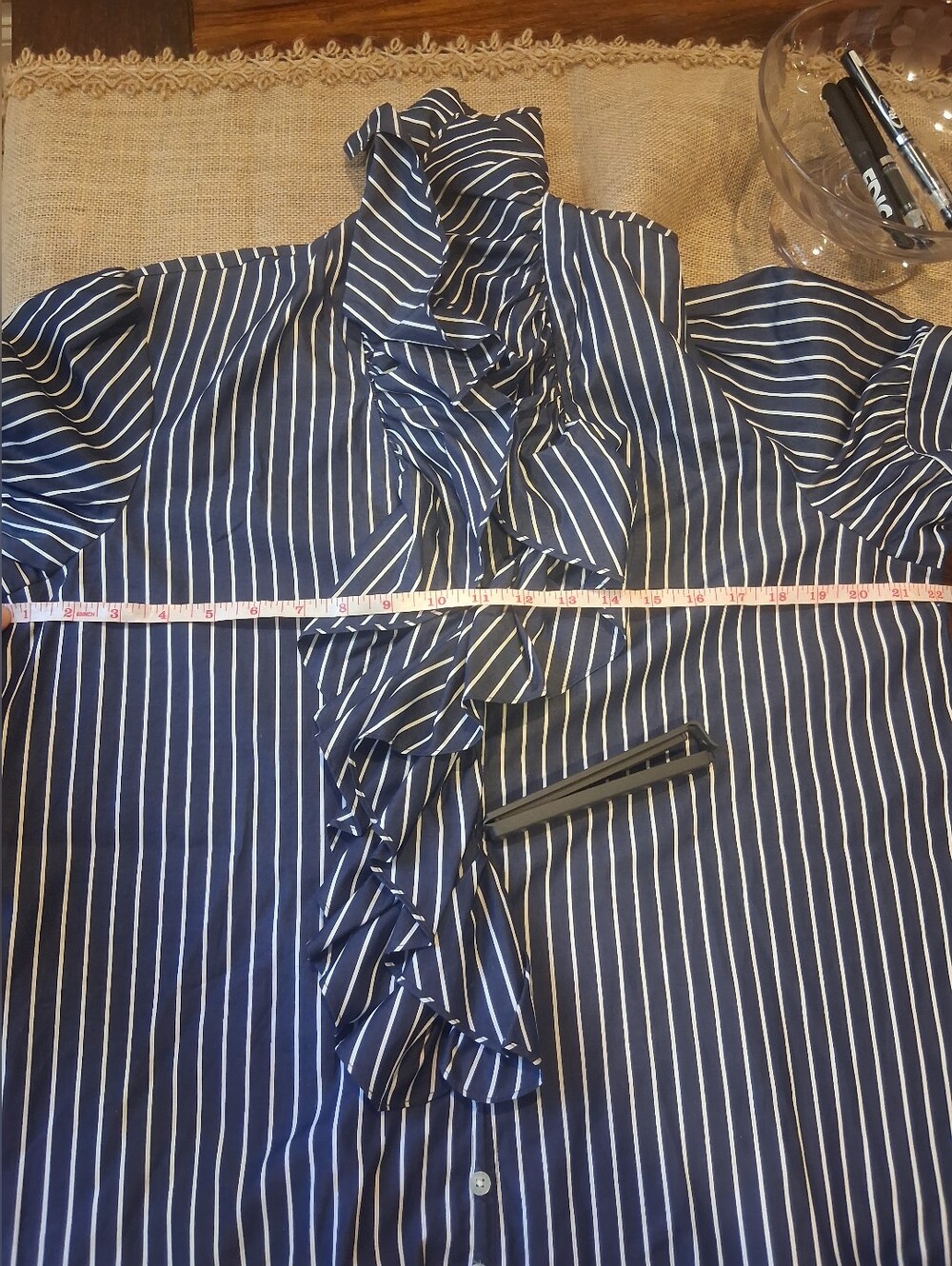 Lauren Ralph Lauren Navy and White Vertical Stripe Ruffle Blouse NWT - Picture 6 of 6